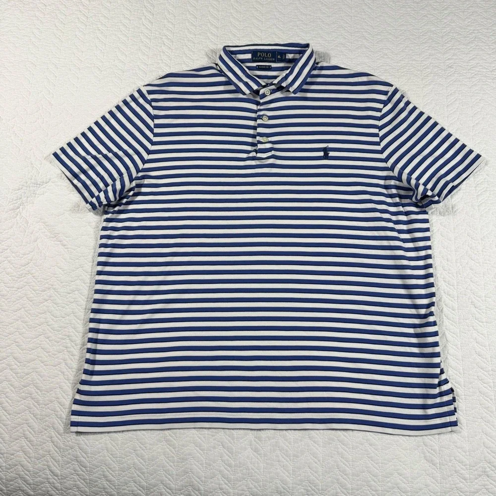 Polo Ralph Lauren Classic Fit Blue White Stripe Polo Shirt Mens XL 100% Cotton‎